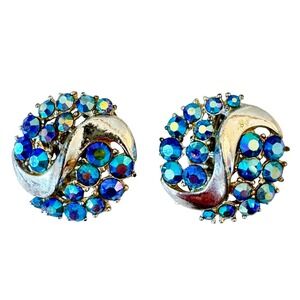 Vintage Blue Aurora Borealis Statement Earrings, Clip On,‎ Sparkly, Retro Glam